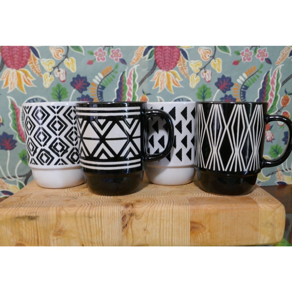 Boston Warehouse 4 Stackable Coffee Tea Mugs Cups Black White Geometric Pattern - Picture 16 of 16